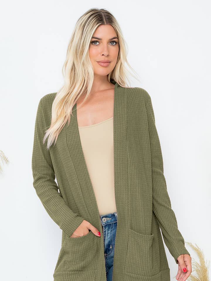 Brushed Waffle Long Sleeve Side Pocket Open Front Cardigan for wholesale by MYS Wholesale Inc