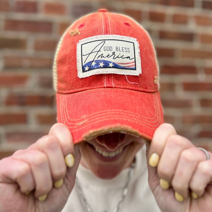 God Bless America Cardinal Distressed Baseball Cap for wholesale by RiOak Design & Hat Co.