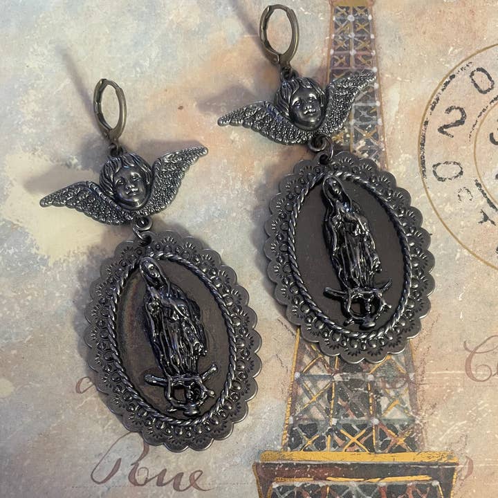 Gunmetal Guadalupe Earrings-Spiritual/Gift/Southwestern for wholesale by Savannah Hoffman Designs Artisan Jewelry