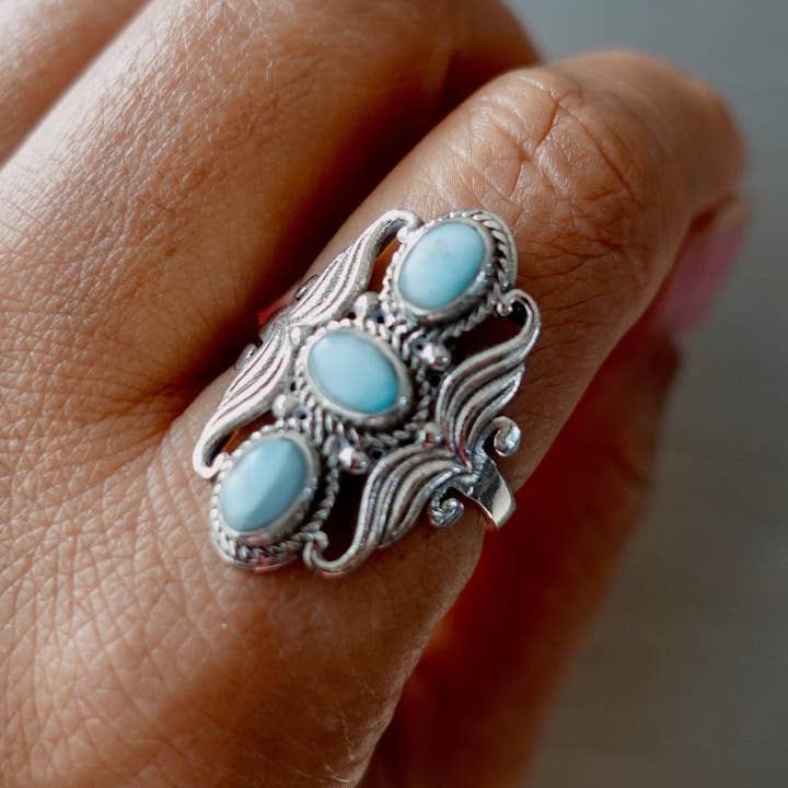 Mistry Gems - Wholesale Cocktail/Statement Ring - Boho Long Larimar Sterling Silver Ring, R27L