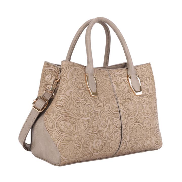 GEORGIANNA FLORAL EMBOSSED TOOLED SATCHEL for wholesale by KAYLA+AVA