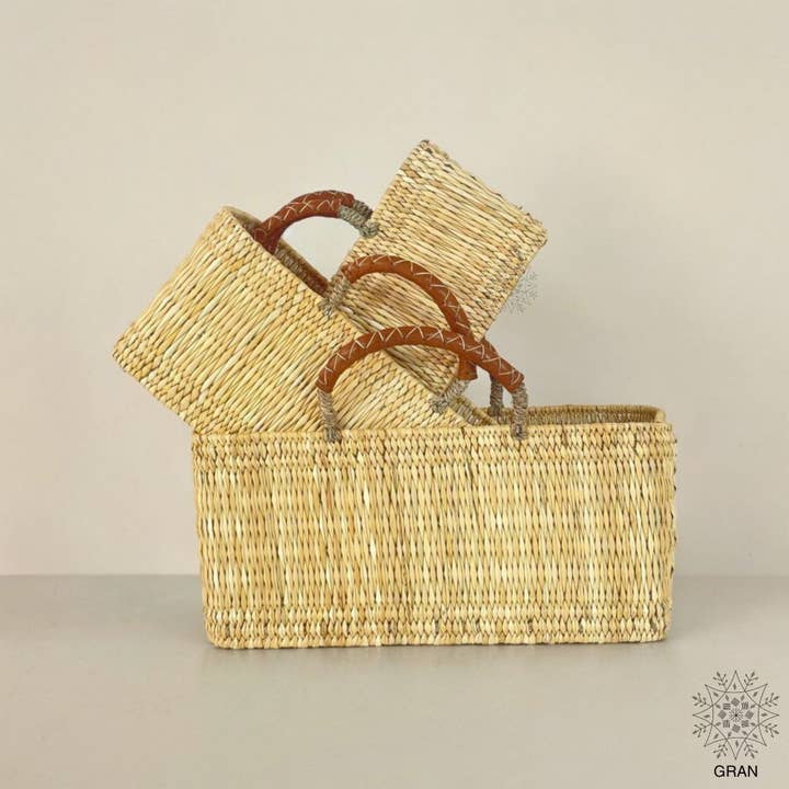Market Reed Storage, Leather Baskets Shopping Bag. for wholesale by Gran Wholesale