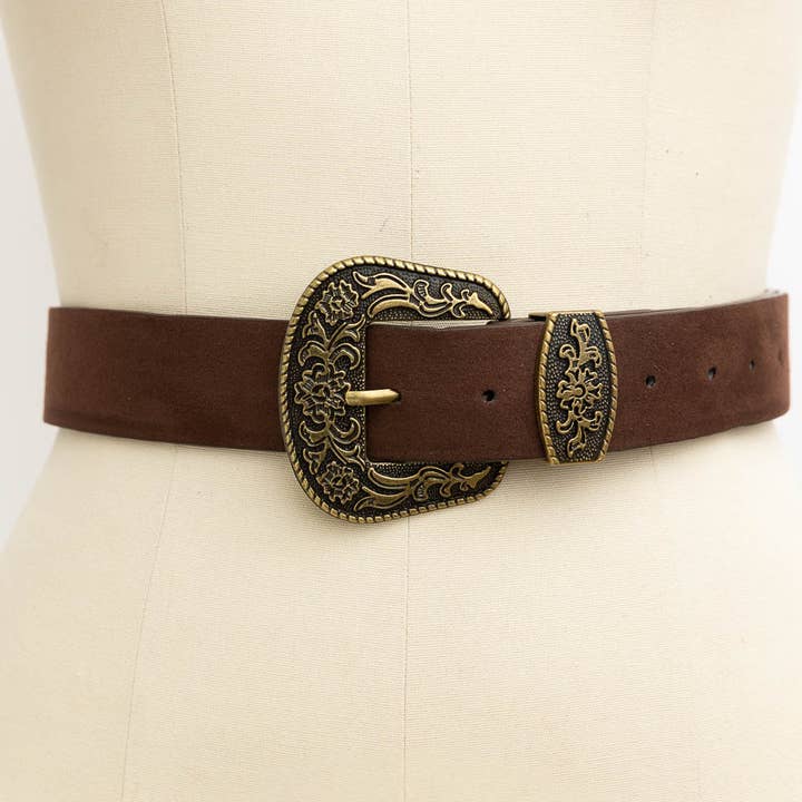 Leto Accessories - Wholesale Belt – Women's - Suede Antique Gold Western Buckle Belt7