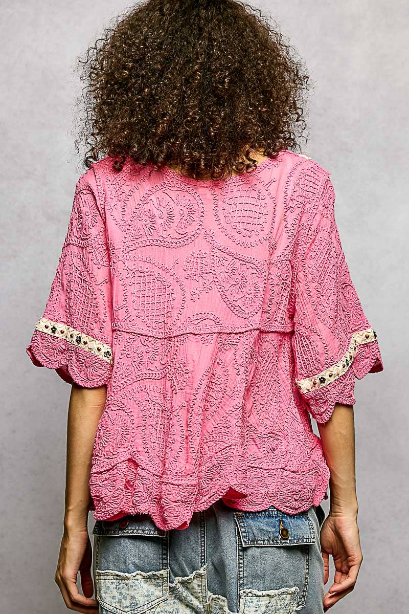 Pol Clothing - Wholesale Blouse - Women's - Short Sleeve Adjustable Drawstring Crochet V Neck Top18