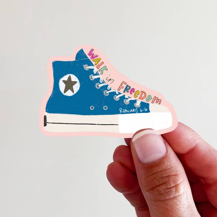 Walk in Freedom Romans 6:6 Blue Shoe Vinyl Sticker for wholesale by Kingfolk Co