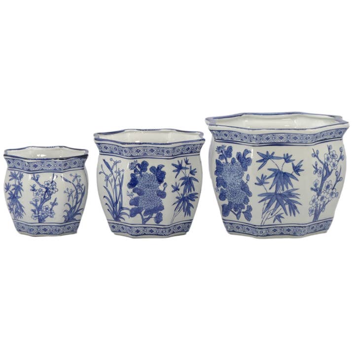 Galt International Company - Wholesale Plant Pot - Set of 3 - 7.5"/10"/13" Ceramic Chinoiserie Planter Pot Set