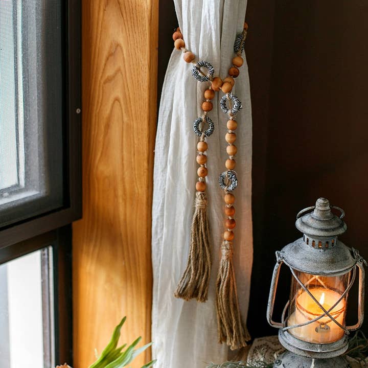Rustic Reach - Wholesale Curtain Tieback - Wood Beaded Cord Curtain Tiebacks DIY Door Curtain 47" Long
