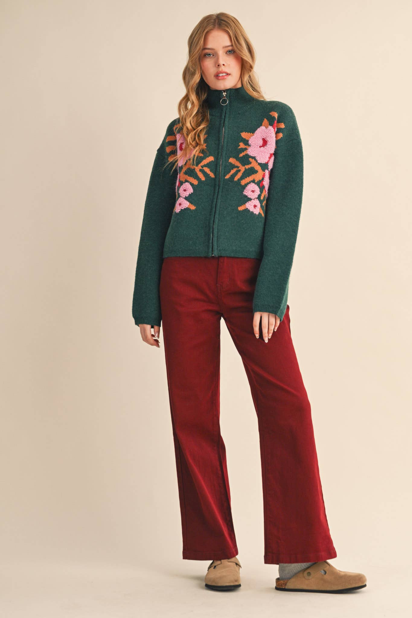 &MERCI - Wholesale Cardigan - Women's - FLORAL ZIP UP SWEATER CARDIGAN MSW1118860