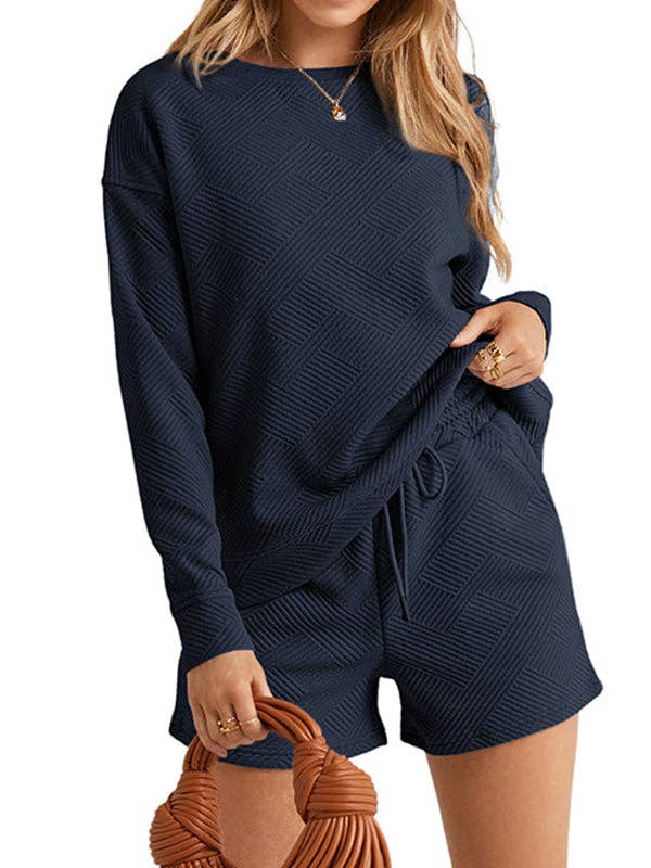 VividLux – wholesale Mjukisset – Dam – Långa ärmar Lös Enfärgad Rundhalsad Sweatshirt Top + Dragsko Shorts Nederst Två Delar Set