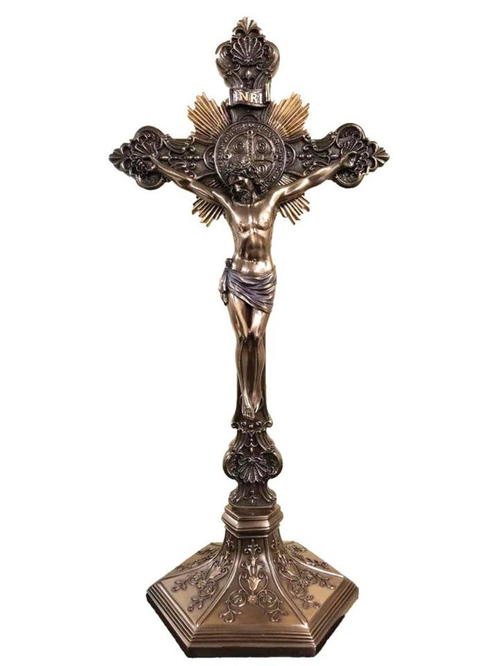 Standing St. Benedict Crucifix in Cold Cast Bronze 9.5" for wholesale by Goldscheider of Vienna