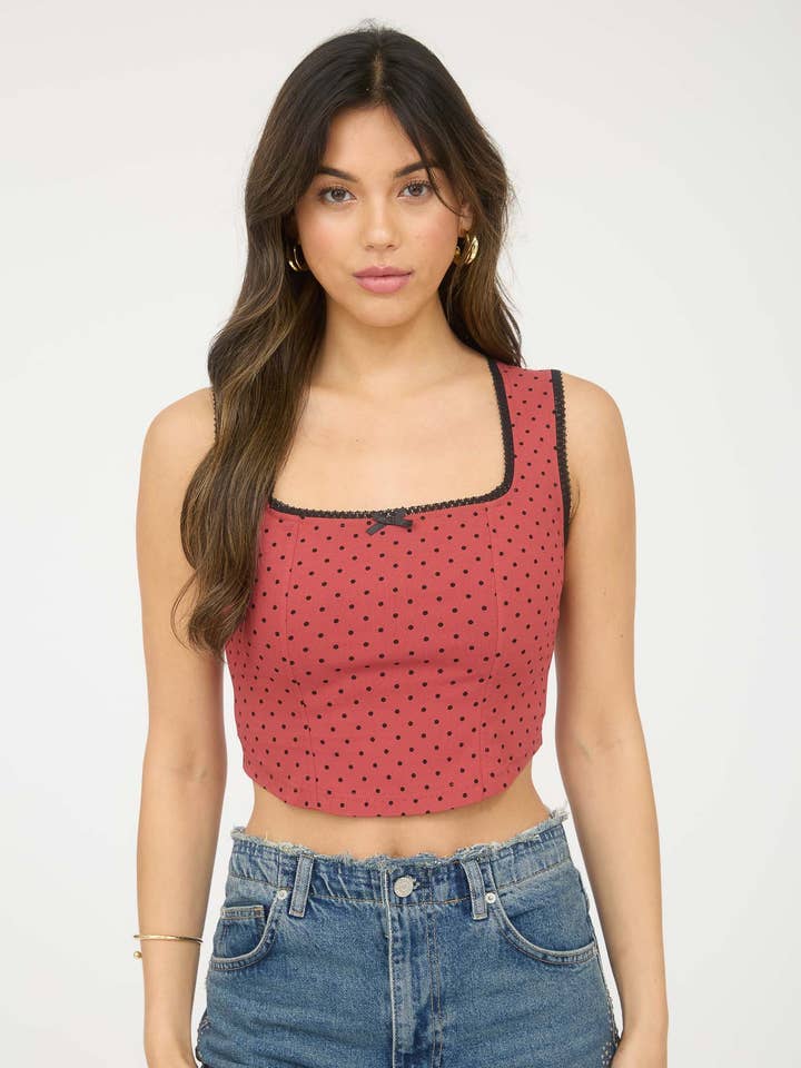 POLKA CONTRAST TRIM FRONT BOW CORSET CROP TOP for wholesale by The Workshop Studio