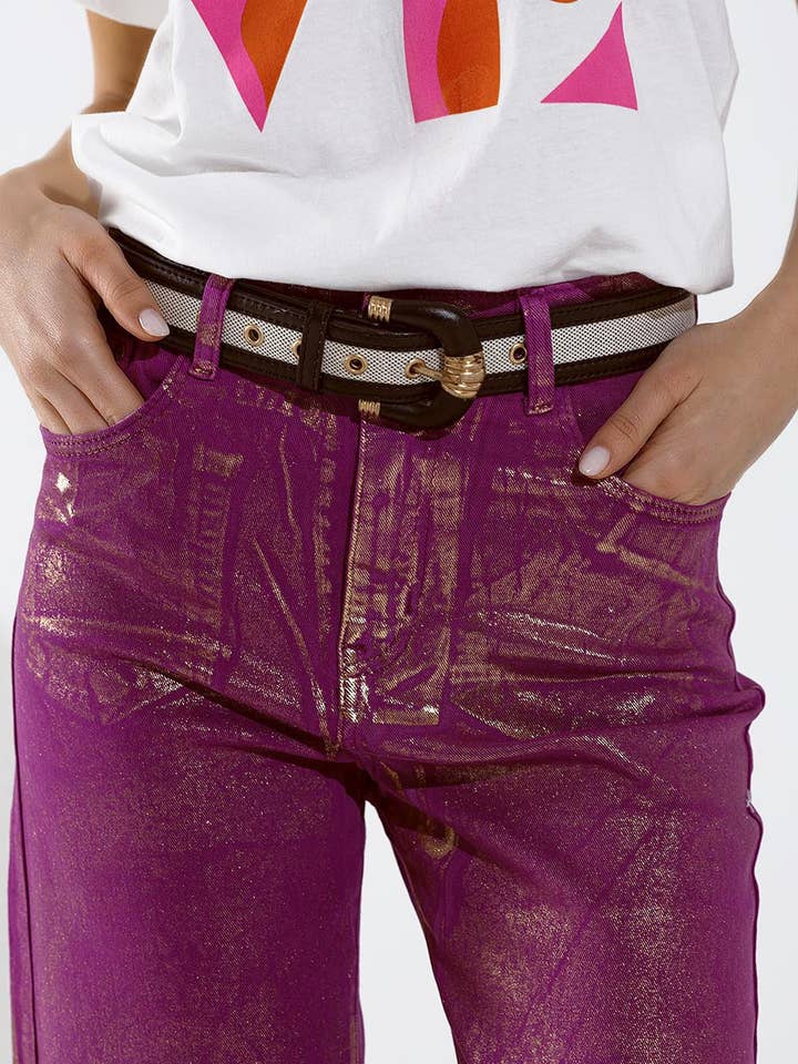 Fuchsia Magenta Wide Leg Jeans With Metallic Finish In Gold for wholesale on Faire3