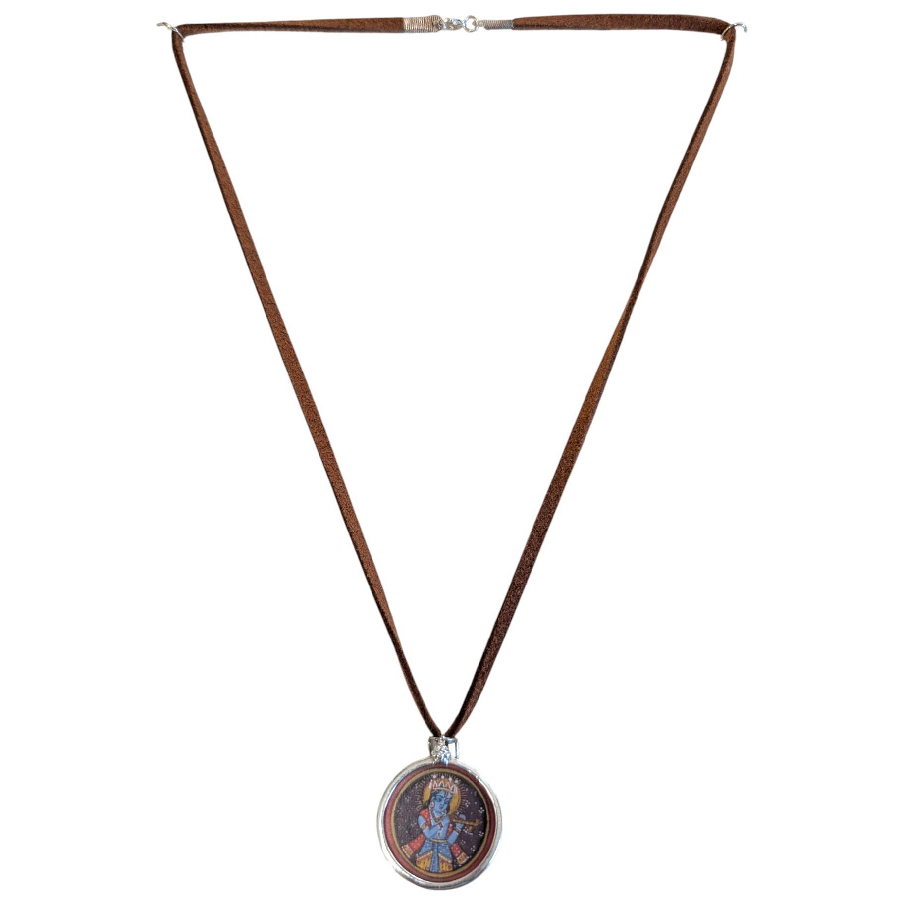 Saraswati Imports - Wholesale Pendant/Charm Necklace - SALE Hand Painted Krishna Sterling & Suede Pendant Necklace0