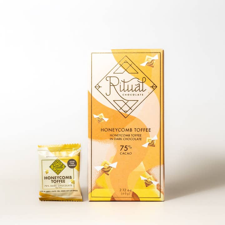 Ritual Chocolate - Wholesale Chocolate Bar - 10g Honeycomb Taster, Toffee Topped Dark Chocolate 70% Cacao