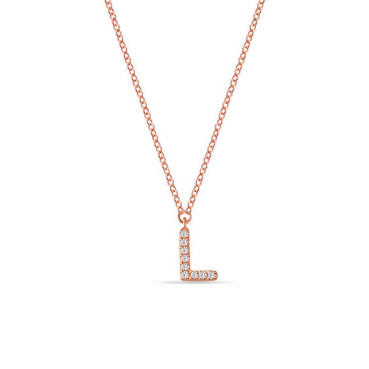 Collier en or rose 14 carats et diamants avec lettre « L » pour la vente par Leaf Jewelry