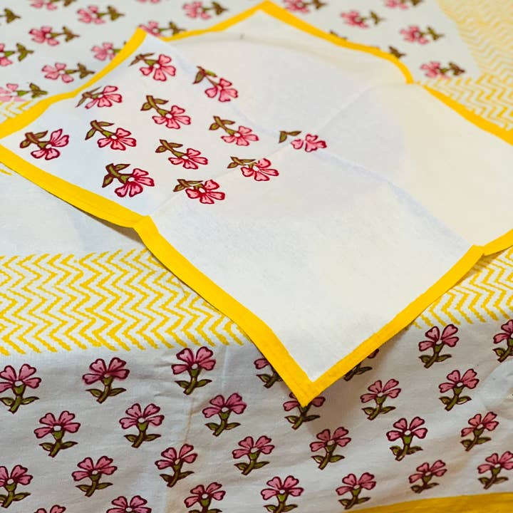 Sunny Dzyns – Engroshandel Dug – Indian Block Print Duge, Gul Blomstret Bomuld Borddæksel, Bordduge Med Servietter Sæt, Pink Jaipur Print Rektangel Bordduge