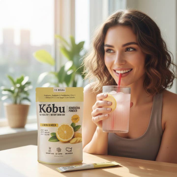 Kōbu Kombucha Poeder – Citroen Gember (15 Sticks) | GLP-1 Ondersteuning | Pre + Pro + Postbiotica voor wholesale door Kōbu Kombucha