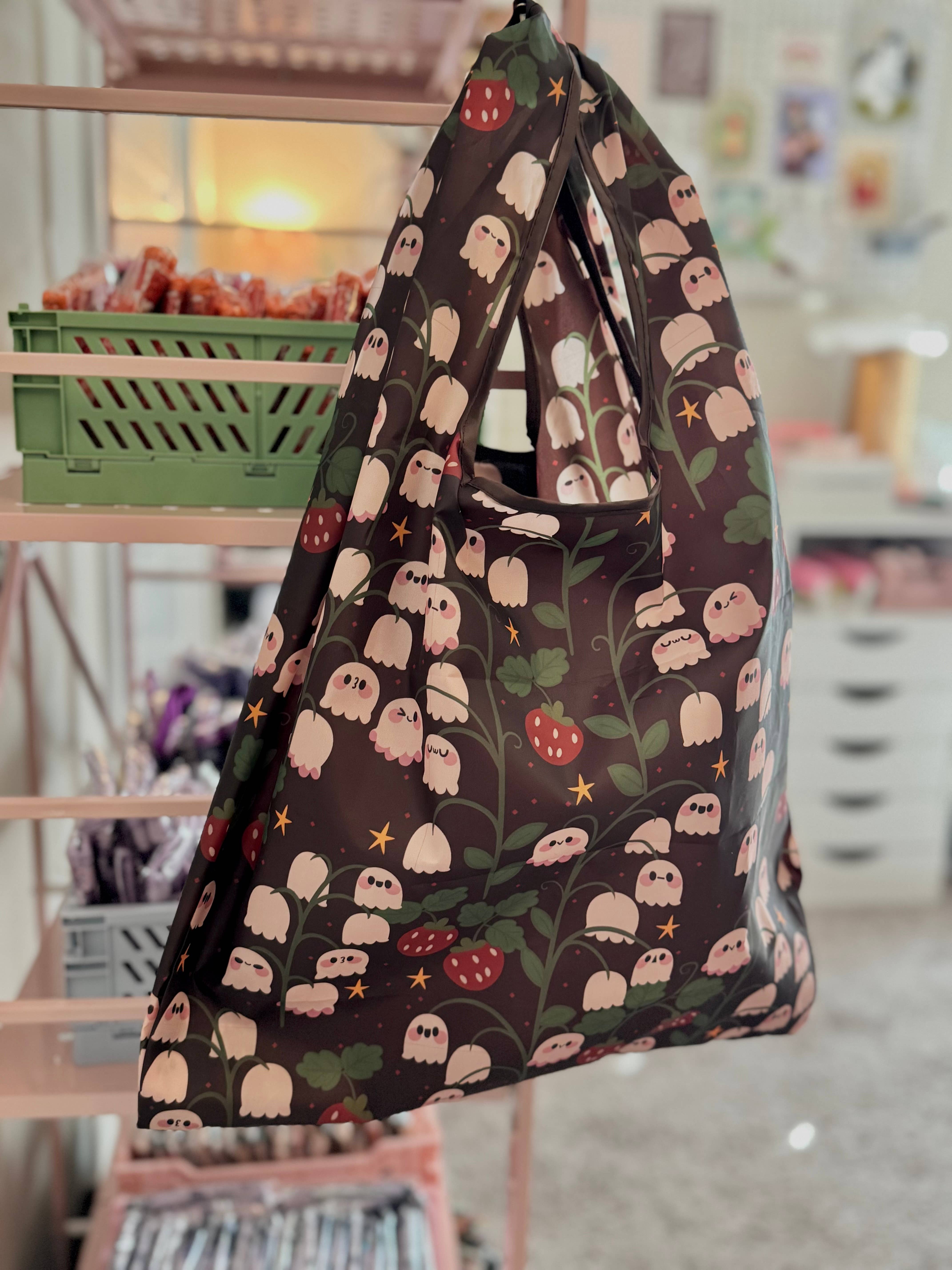 CrescentCatCo - Wholesale Grocery/Shopping Bag - Ghostie & Berries Spooky Reusable Shopping Bag, Fold Up1