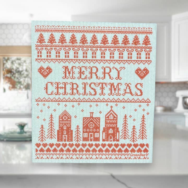 Green Bee Tea Towels - Wholesale Dishcloth - Merry Christmas Cross Stitch | Kitchen Cloth | Swedish Cloth1