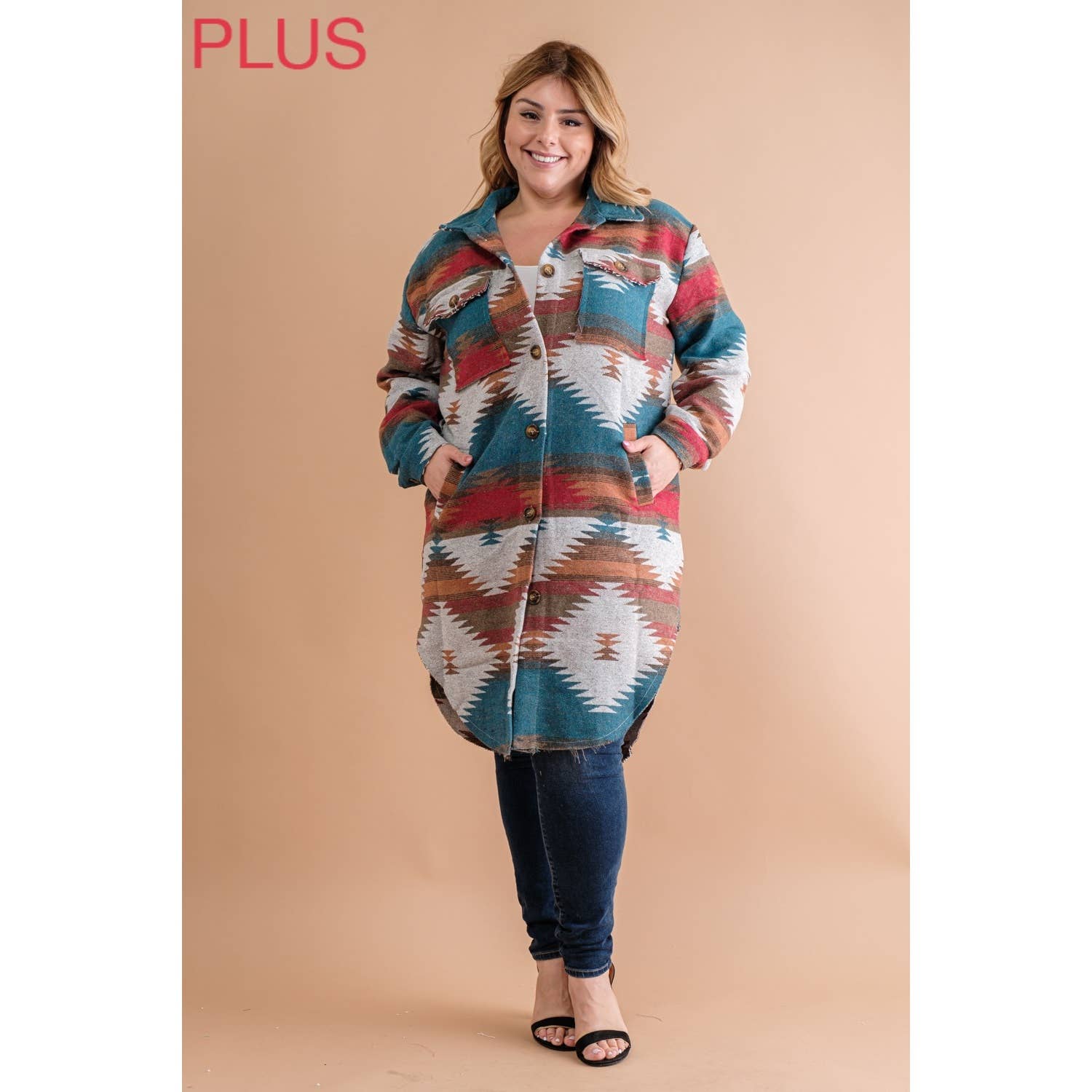Sweet Generis - Wholesale Shirt Jacket/Shacket - Women's - PLUS LONG TRIBAL AZTEC BUTTON DOWN SHIRT JACKET SHACKET10