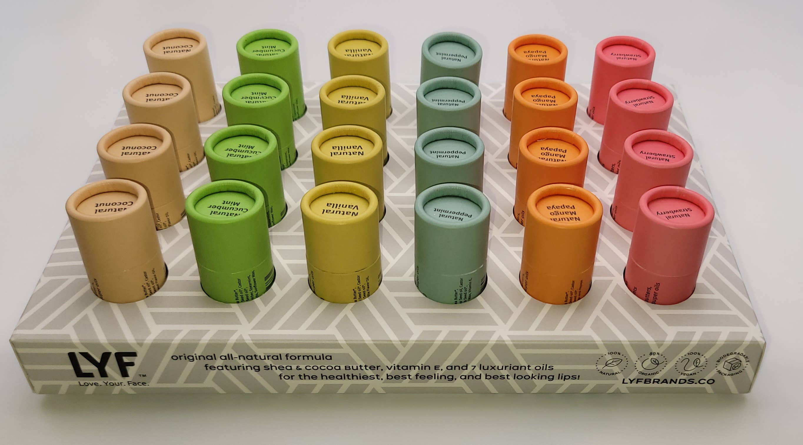LYF BRANDS - Vendita all'ingrosso Burro di cacao - LYF Balm - Balsamo Labbra Naturale Lux - 24 unità (espositore grigio)3