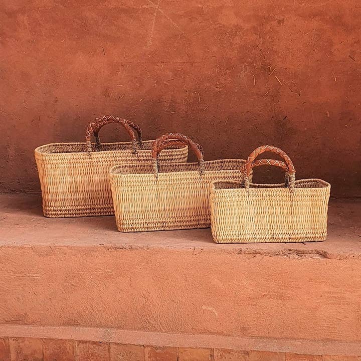 Marokkansk rektangulær fletkurv - læder håndtag for engroshandel hos MARRAKECH METACRAFT LTD