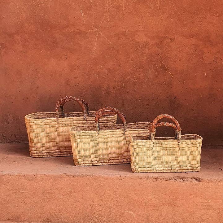 MARRAKECH METACRAFT LTD - Venta al por mayor Cestas - Cesta de mimbre rectangular marroquí con asas de piel