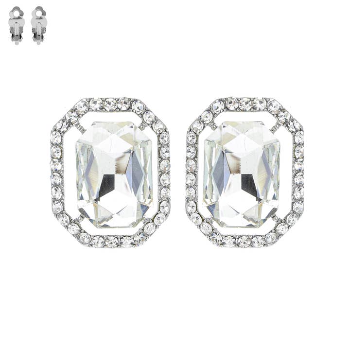 SP Sophia Collection - Wholesale Clip-On Earrings - Radiant Cut Octagonal Frame Halo Clip-On Earrings