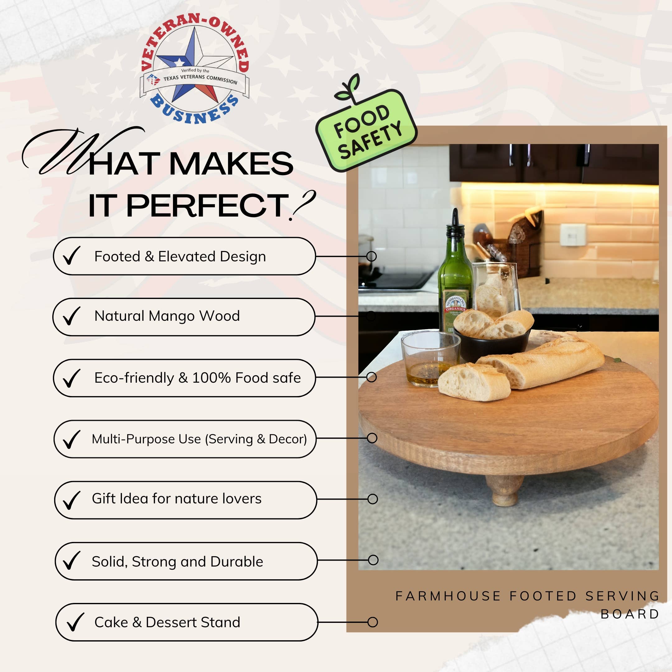 Valor Home Goods - Wholesale Flatware Serving Piece - Hand-Crafted Farmhouse Round Footed Serving Board4