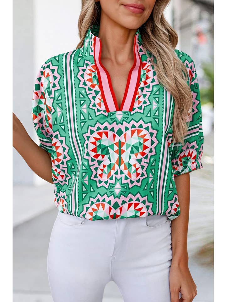 As shown Geometric Butterfly Print Collared Blouse | S-XL for wholesale on Faire