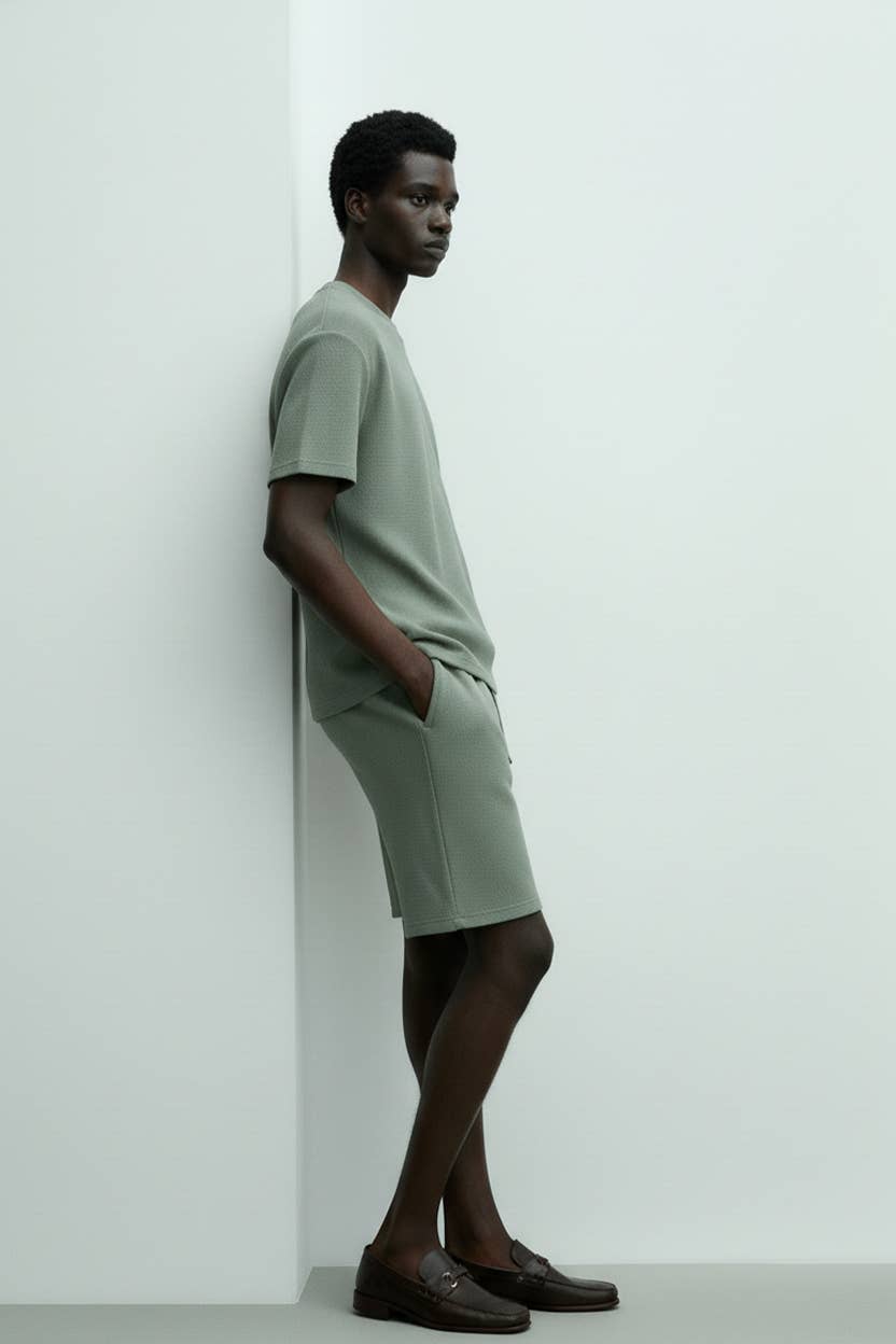 HB Green  Men's Short Sleeve Textured T-Shirt & Short Set (Green) for wholesale on Faire1