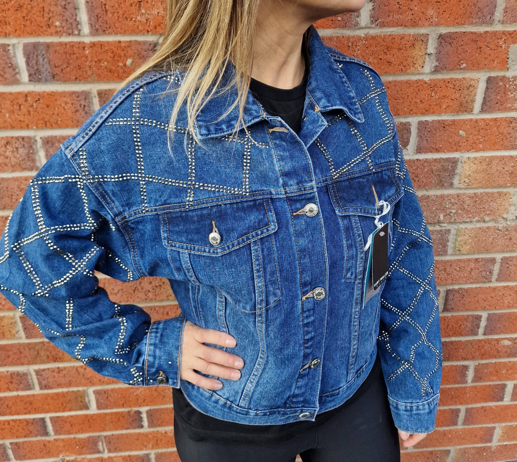 Kurt Muller – wholesale Denim jacket – Women's – Criss Cross Diamante Stud Denim Cotton Jacket1