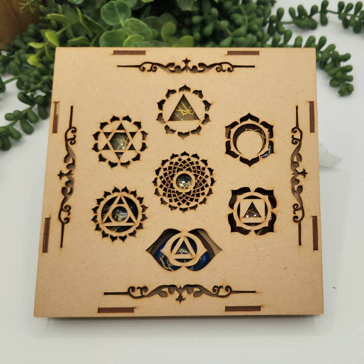 Meraki Gemstones - Wholesale Spiritual Stone/Crystal - Chakra Crystal Set-Palmstone Shape-Charkra Symbols Box Wood