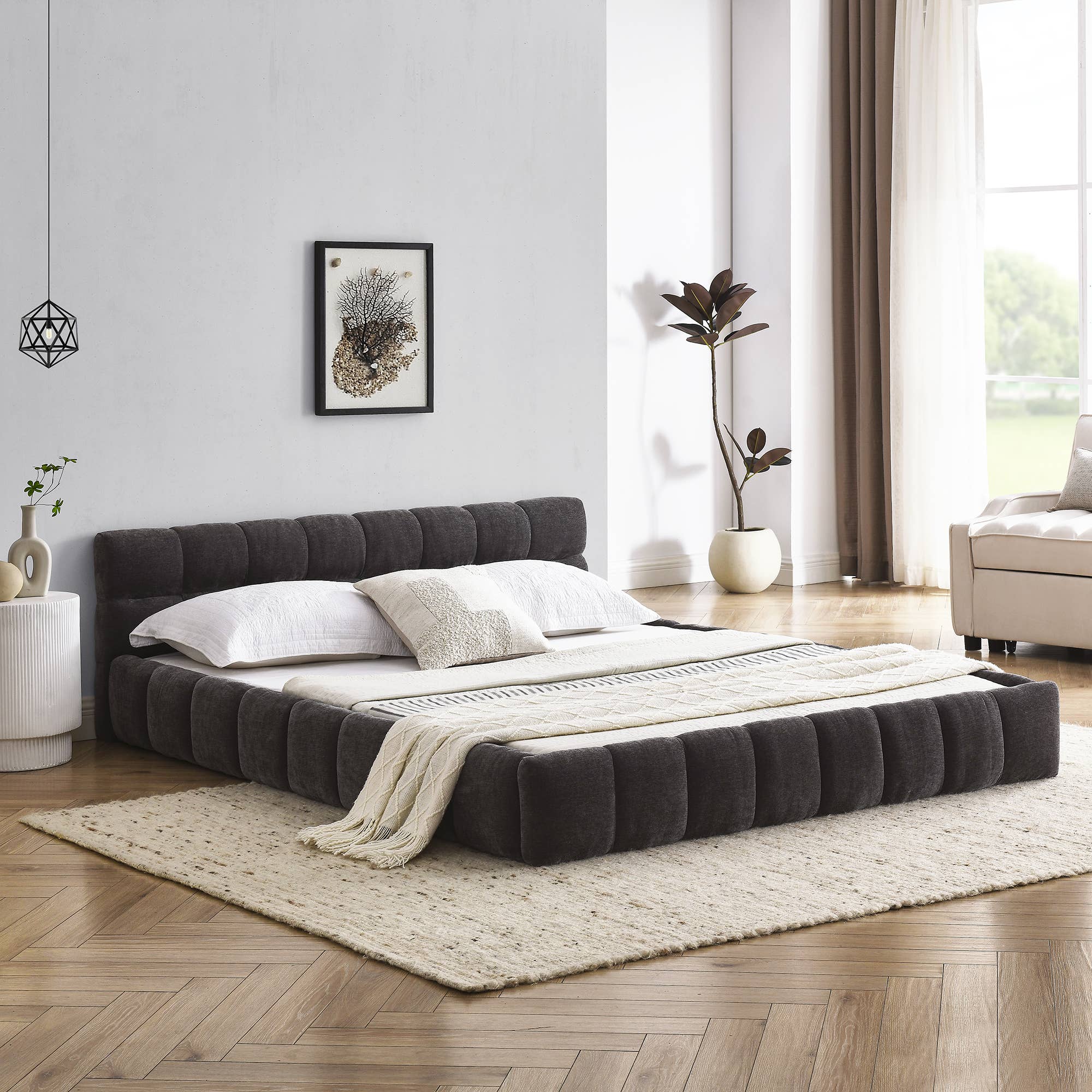 Dark Grey Queen Size Upholstered Chenille Platform Bed for wholesale on Faire1