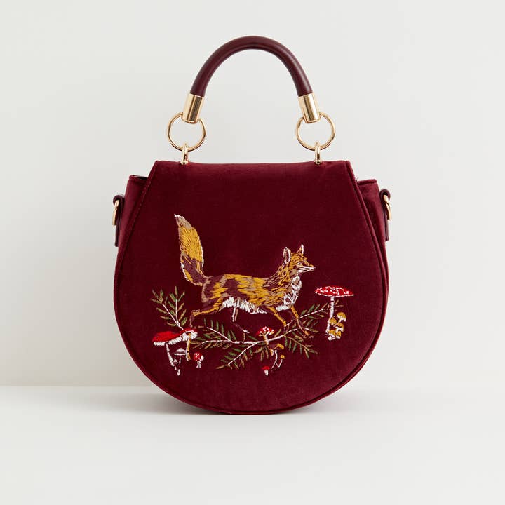 Fable England - Vente Sac à main avec poignée sur le dessus – femme - Sac à main en velours brodé FABLE Fox & Mushroom