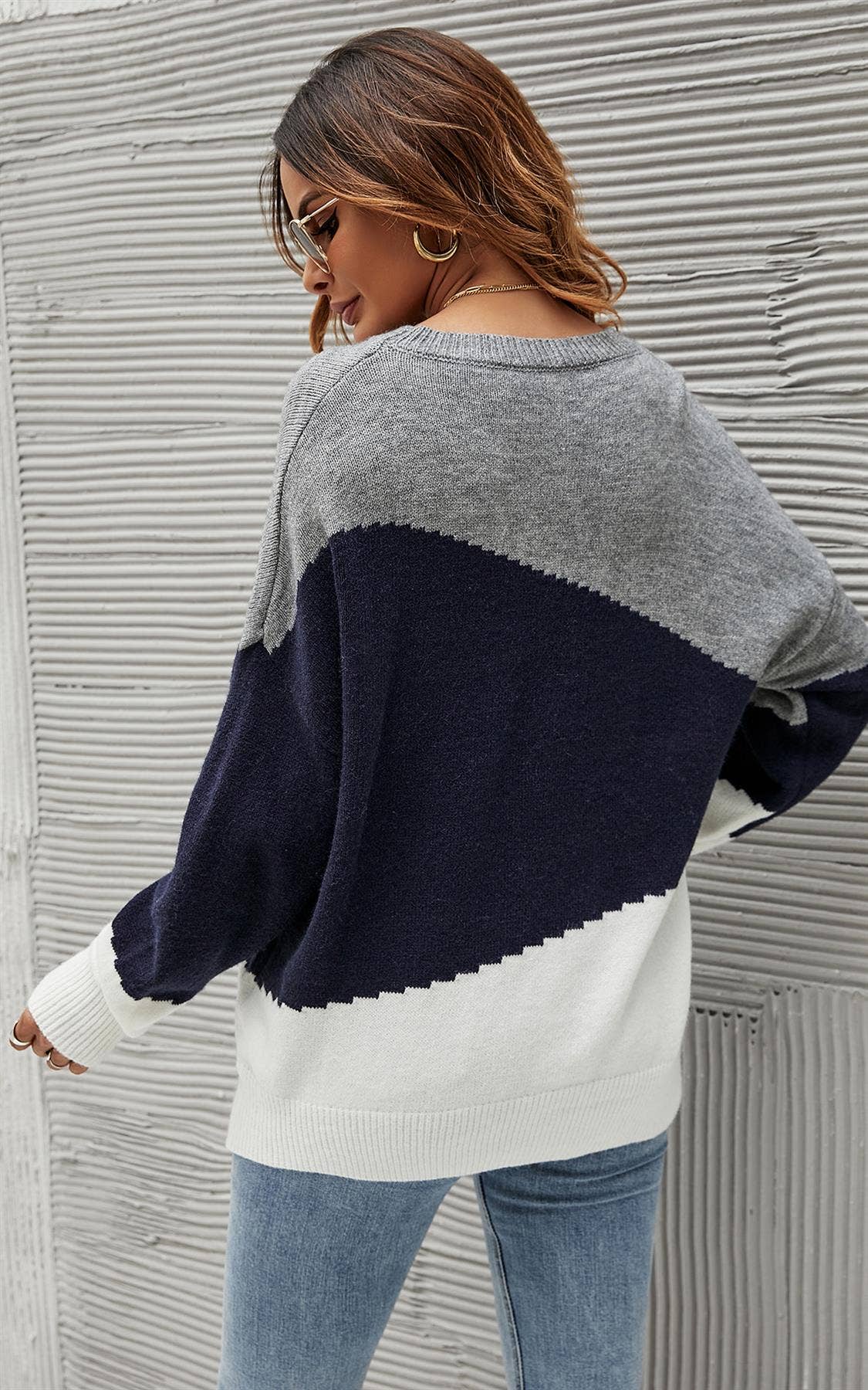 FS Collection (Germany) - Wholesale Knit Sweater - Women's - Navy & White Block Colour Jumper Top In Grey7