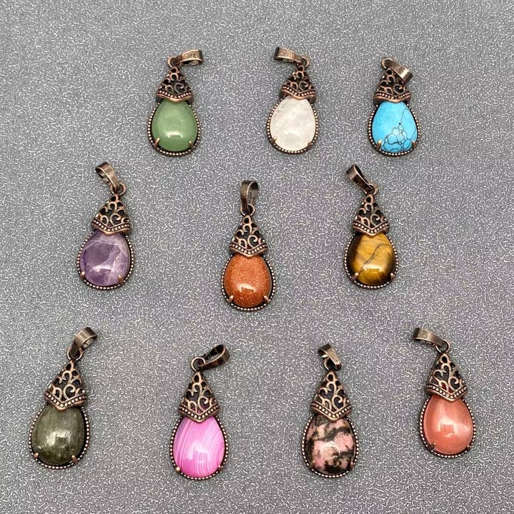 Mio Queena - Wholesale Individual Charm/Pendant - Drop-shaped Natural Stone Bronze Charms (Single Pendant) -CS27
