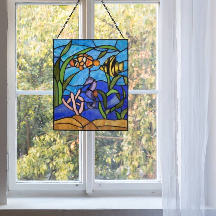 14"H Underwater Blue Ocean Scene Stained Glass Window Panel for wholesale by River of Goods