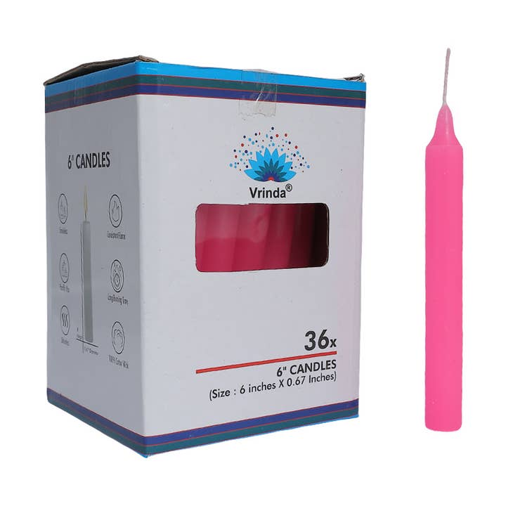 6" Taper Candles (36 in a pack) Pink for wholesale by Vrinda