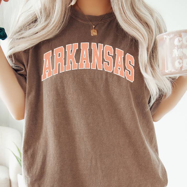 Arkansas Varsity Font Comfort Colors Tee for wholesale by Kissed Apparel