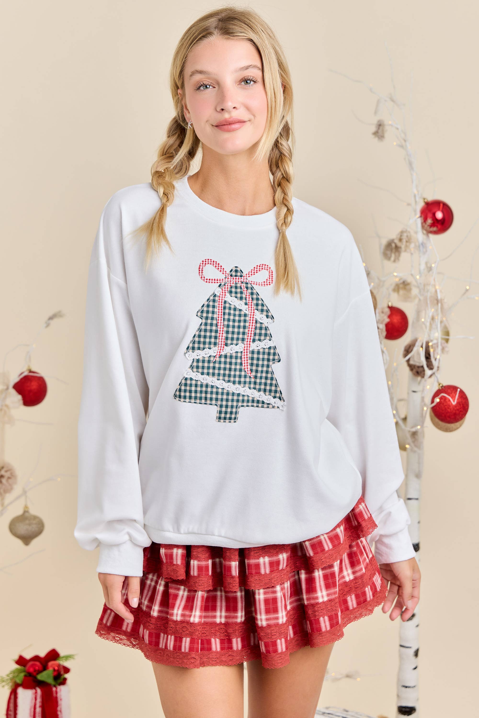 WHITE Holiday Plaid Tree Sweatshirt – Festive Cozy Knit for wholesale on Faire7