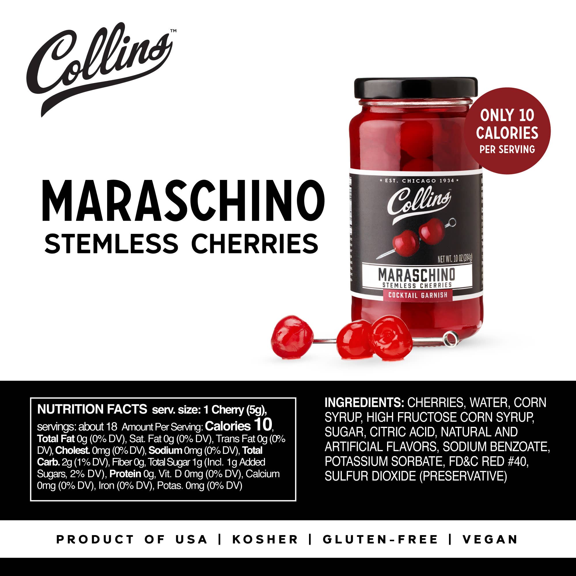 Collins - Wholesale Cocktail Mix/Syrup - Stemless Maraschino Cherries Cocktail Garnish 10 oz3