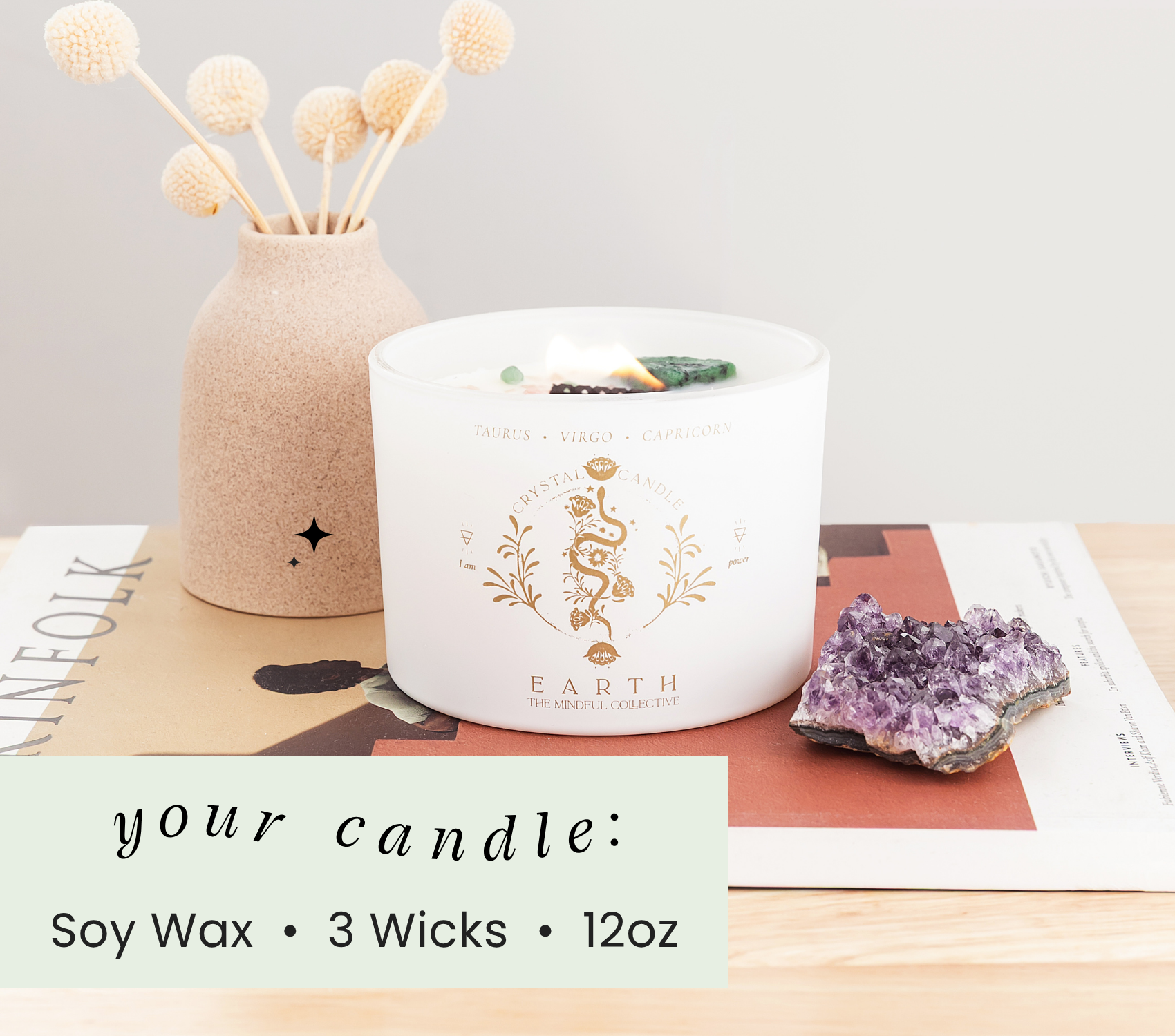 THE MINDFUL COLLECTIVE - Wholesale Jar/Filled Candle - Earth Element Crystal Candle – Taurus, Virgo & Capricorn6