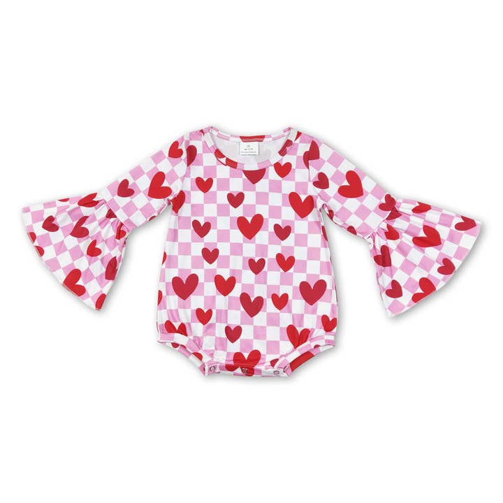 Pink plaid heart long sleeves girls valentines romper for wholesale by Yawoo Garments