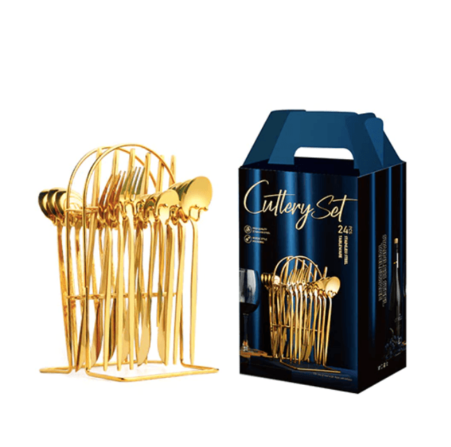 Homerely (We Cover All Import Duties) – Engroshandel Skærebestik sæt – 24-delt bestiksæt i rustfrit stål med opbevaringsstativ2