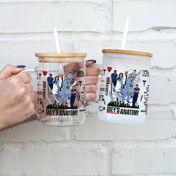 Greys Themed 17oz Glass Mug With Lid and Straw for wholesale by Sip-Sip Hooray!