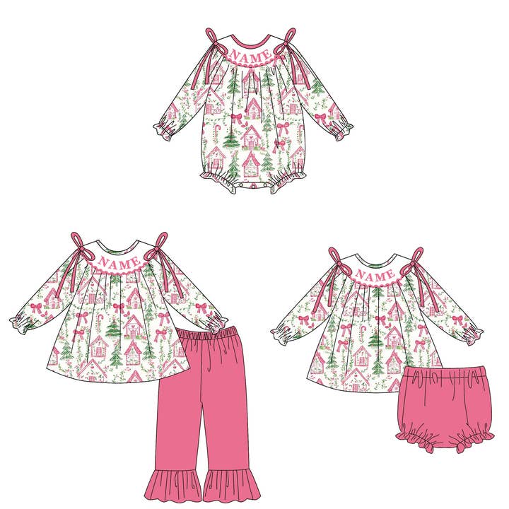 Christmas Smocked Embroidery Custom Name Tree House Outfit Collection for wholesale by Auraquise
