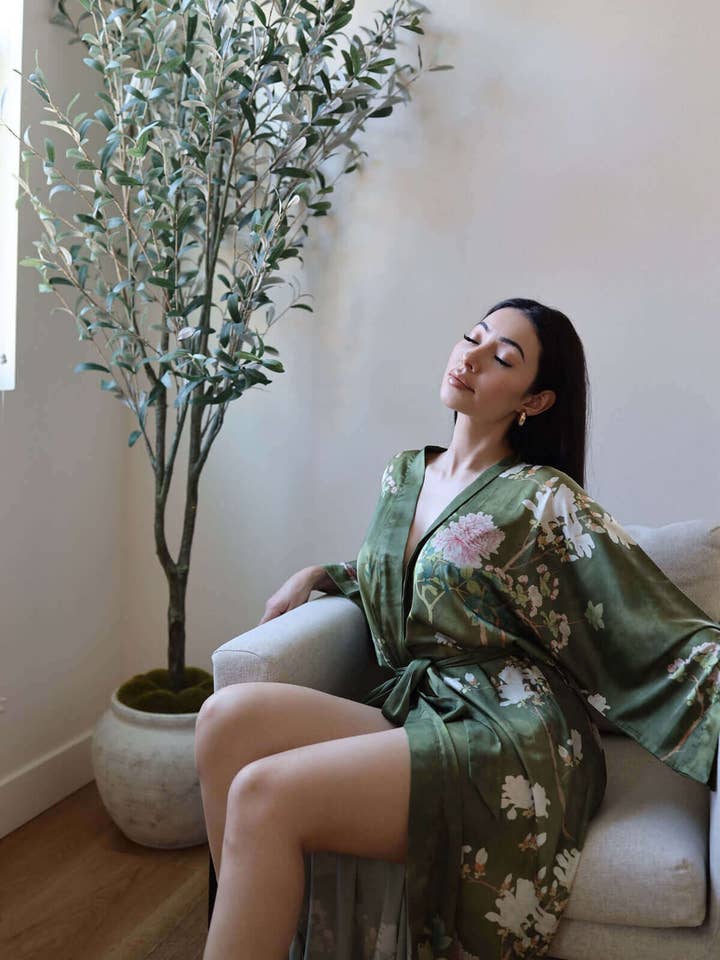 Floral Olive Kimono Robe for wholesale on Faire8