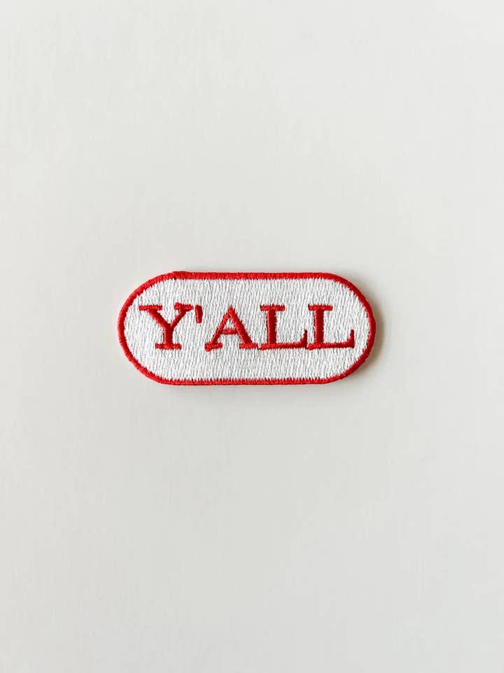 Red & White Y'all Embroidered Iron-on Patch Embroidered for wholesale by Field Trip Threads