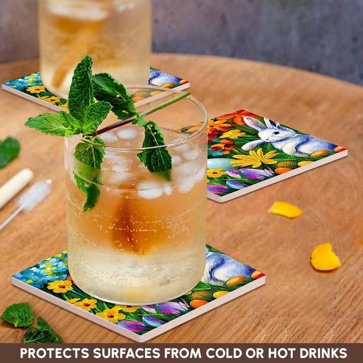 3dRose - Wholesale Coasters - 3dRose, White Easter bunny, eggs, flowers. The magic of the spring garden, Coaster2